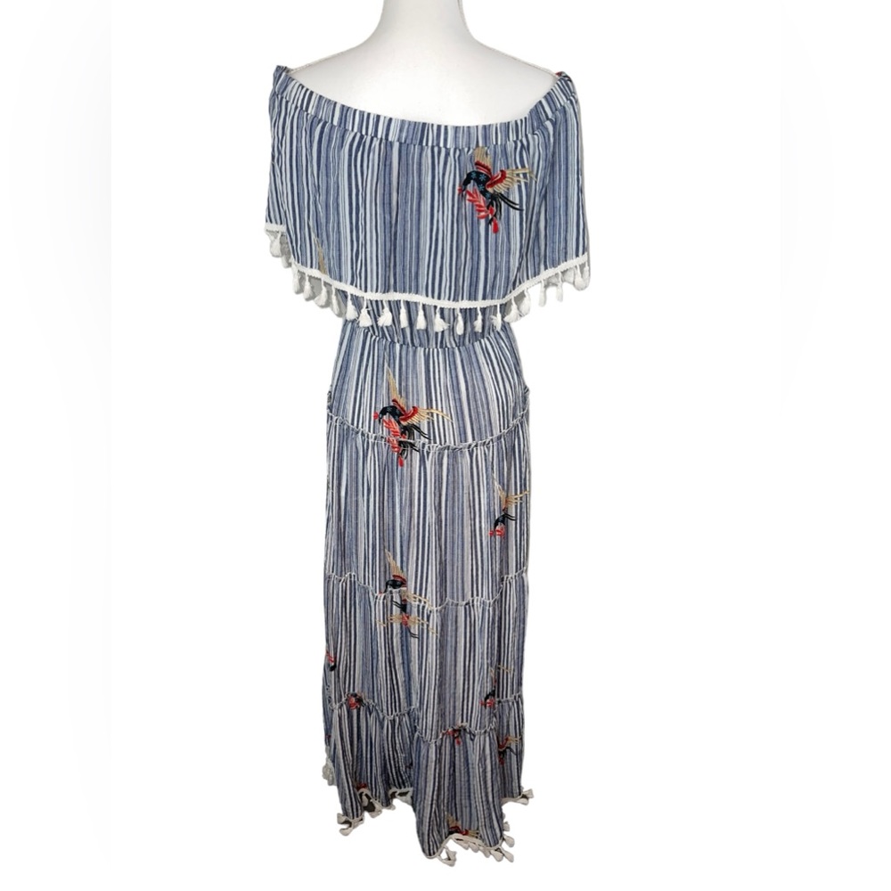L’ATISTE by AMY Blue & White Off Shoulder tier Maxi Dress with fringe Tassles - Picture 11 of 17